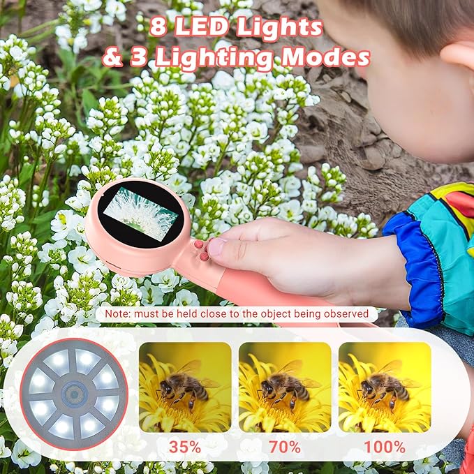 2 in 1 Kids Microscope with Bug Catcher,HD 500X Digital Microscope for Kids with 2" Screen,Photo and Video,STEM Educational Science Kit Learning Toys for Age 3-12 Girls & Boys Birthday Gifts (Pink)-BubblyBeeBaby