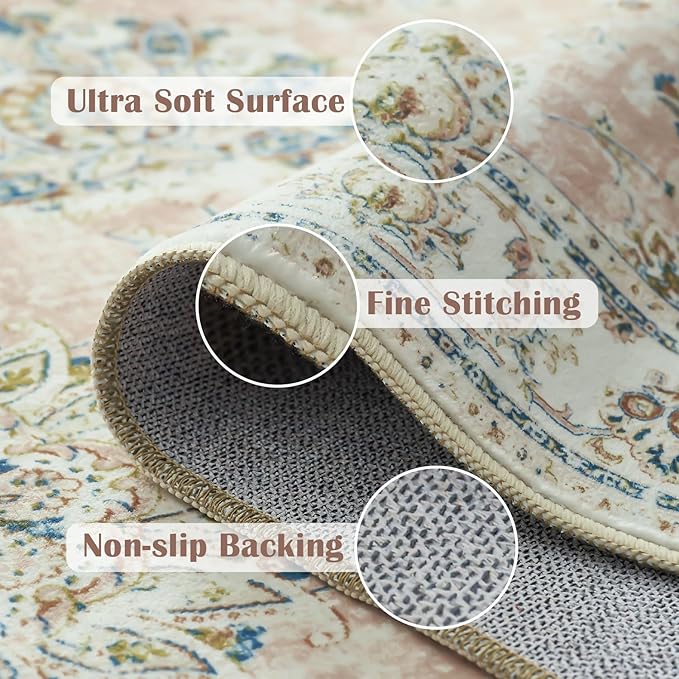 jinchan Washable Area Rug 5x7 Ultra-Thin Low Pile Non Slip Stain Resistant Soft Faux Wool Spring Floral Distressed Vintage Carpet for Bedroom,Living Room,Dining Room,Kitchen,Nursery(Pink, 5' x 7')-BubblyBeeBaby