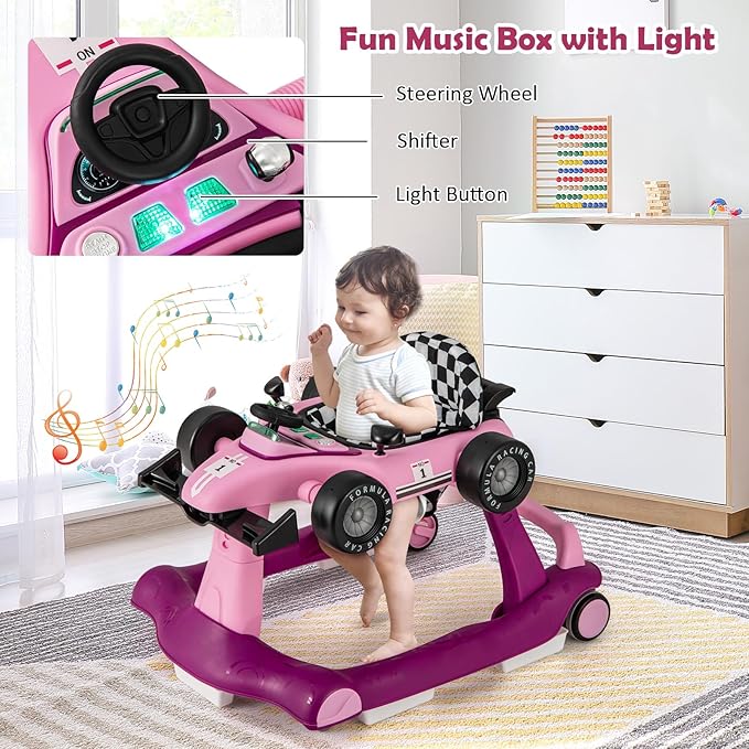 HONEY JOY 4-in-1 Baby Walker, Activity Push Walker w/3 Adjustable Heights, Smooth Wheels w/Adjustable Speed, Padded Seat, Music & Light, Foldable Car Walker for Baby Boys Girls Age 6 Months+ (Purple)-BubblyBeeBaby