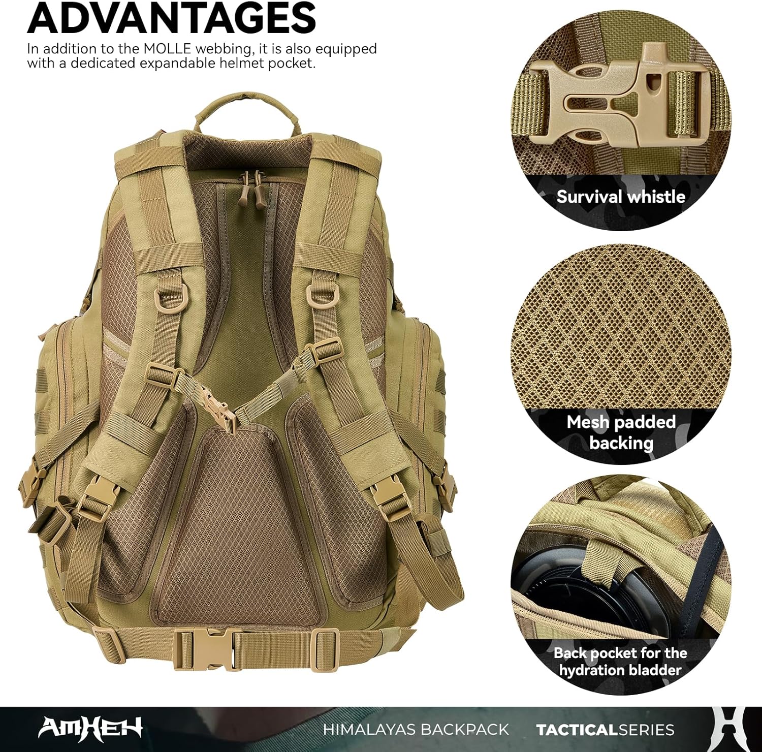 52L Tactical Backpack Military Molle Assault Pack - 3 Day Bugout Survival Rucksack, Hydration Compatible,Tan