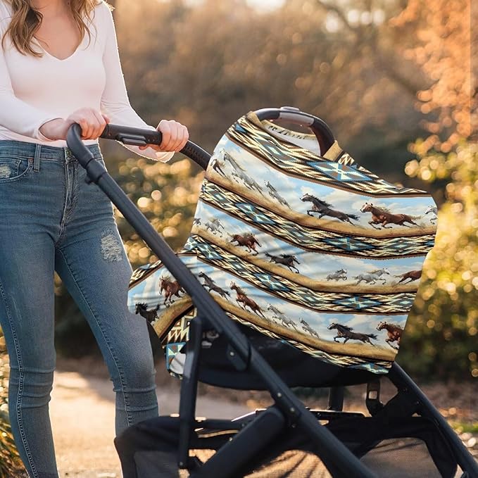 Binienty Car Seat Covers Canopy Cover for Babies, Western Aztec Horse Nursing Carseat Canopy Multifunction Breastfeeding Covers Fits Stroller, High Chair, Shopping Cart-BubblyBeeBaby