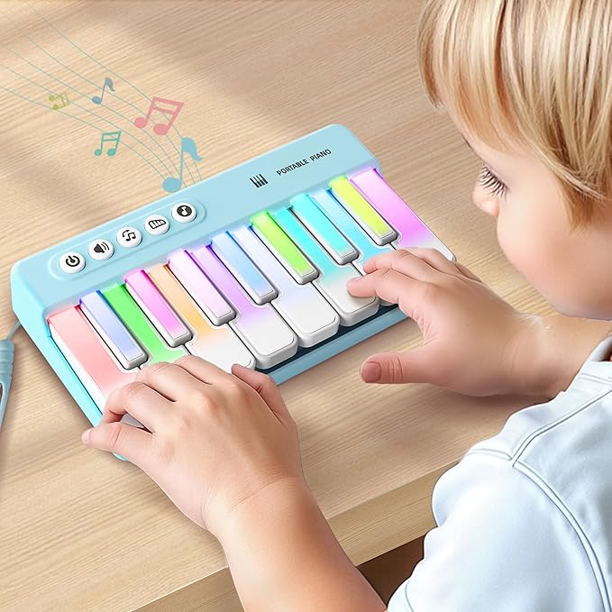iPlay, iLearn Kids Mini Piano Toy W/Rainbow Lights, Portable Travel Piano Keyboard Toddlers Musical Instrument Learning Toys, Music Interactive Birthday Gift for 2 3 4 5 6 Year Old Boys Children-BubblyBeeBaby