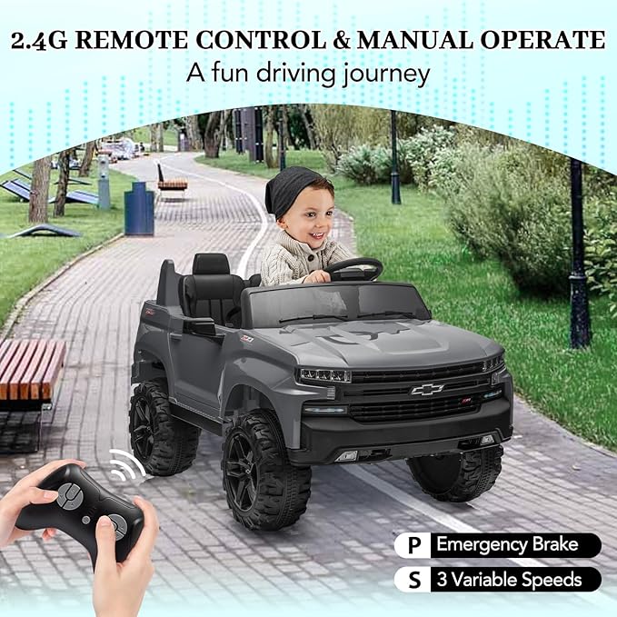 Hetoy 24V 2-Seater Truck Licensed Chevrolet Silverado Ride On Car Toy w/Parent Remote Control,4xSpring Suspension, 3 Speeds, Wireless Music, MP3 Player, Electric Vehicle Car for Kids,Grey-BubblyBeeBaby