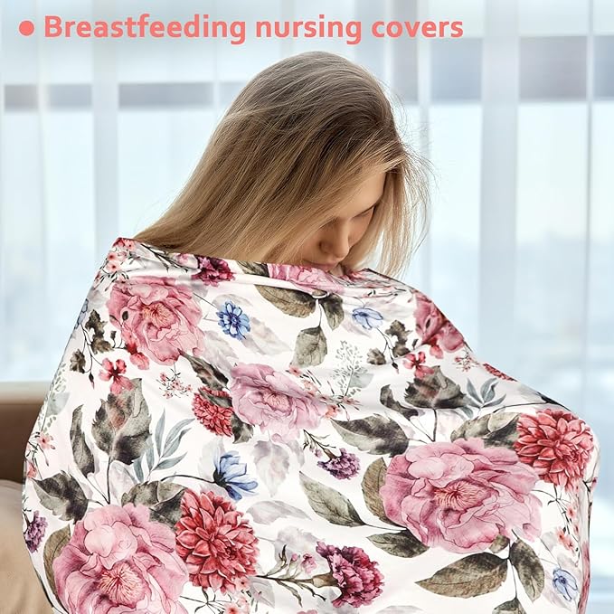 Nursing Cover Breastfeeding, Multi-use Baby CarSeat Cover Girls, Infant Stroller Car Seat Cover, Stretchy Carseat Canopy, Soft Breathable, Peony-BubblyBeeBaby