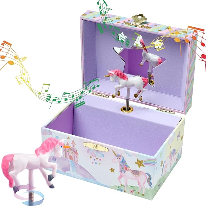 Jewelkeeper Musical Jewelry Box for Girls with Spinning Unicorn, Glitter Rainbow and Stars Design Music Box for Necklace, Earrings, and Accessories, Plays The Beautiful Dreamer Tune-BubblyBeeBaby