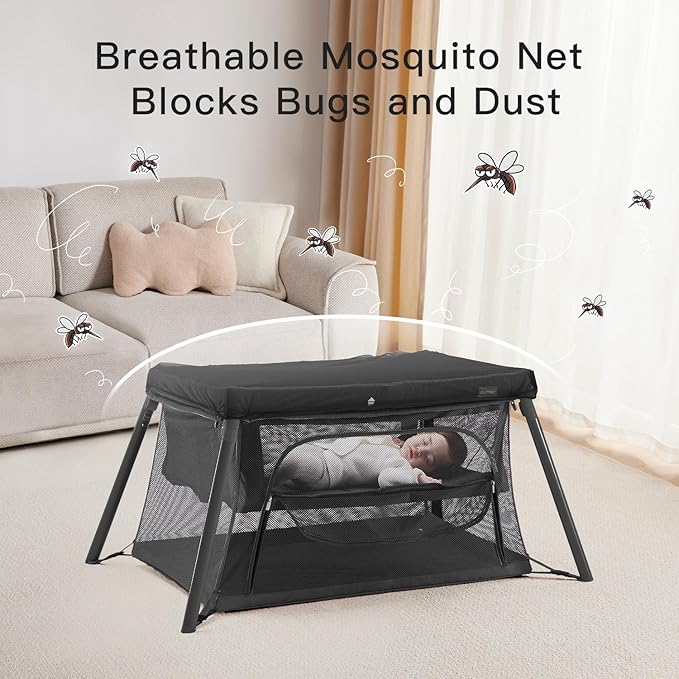 2 in 1 Portable Travel Crib for Toddler, Foldable Crib for Baby, Lightweight Playpen Collapsible Playard with Soft Mattress, Easy to Carry Baby Travel Bed for Outdoor, Indoor (Black)-BubblyBeeBaby