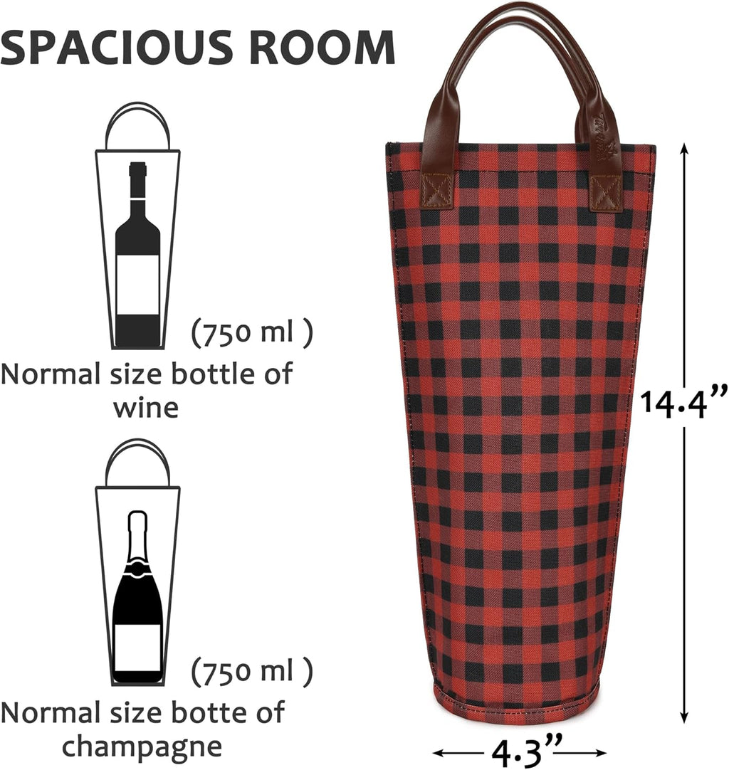 Tirrinia Single Wine Carrier Tote, Insulated Cooler Bag for Travel & Picnic - Padded Bottle Holder, Gift for Wine Lovers, Red Grid