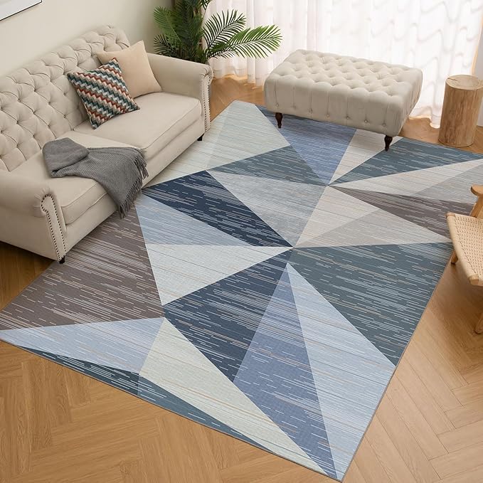 HOMFINE Washable Modern Area Rug - Geometry Style 4x6 Rugs for Living Room, Bedroom, Machine Washable Rug Soft Non Slip Non Shedding Area Rug - Blue, 4'x6'-BubblyBeeBaby