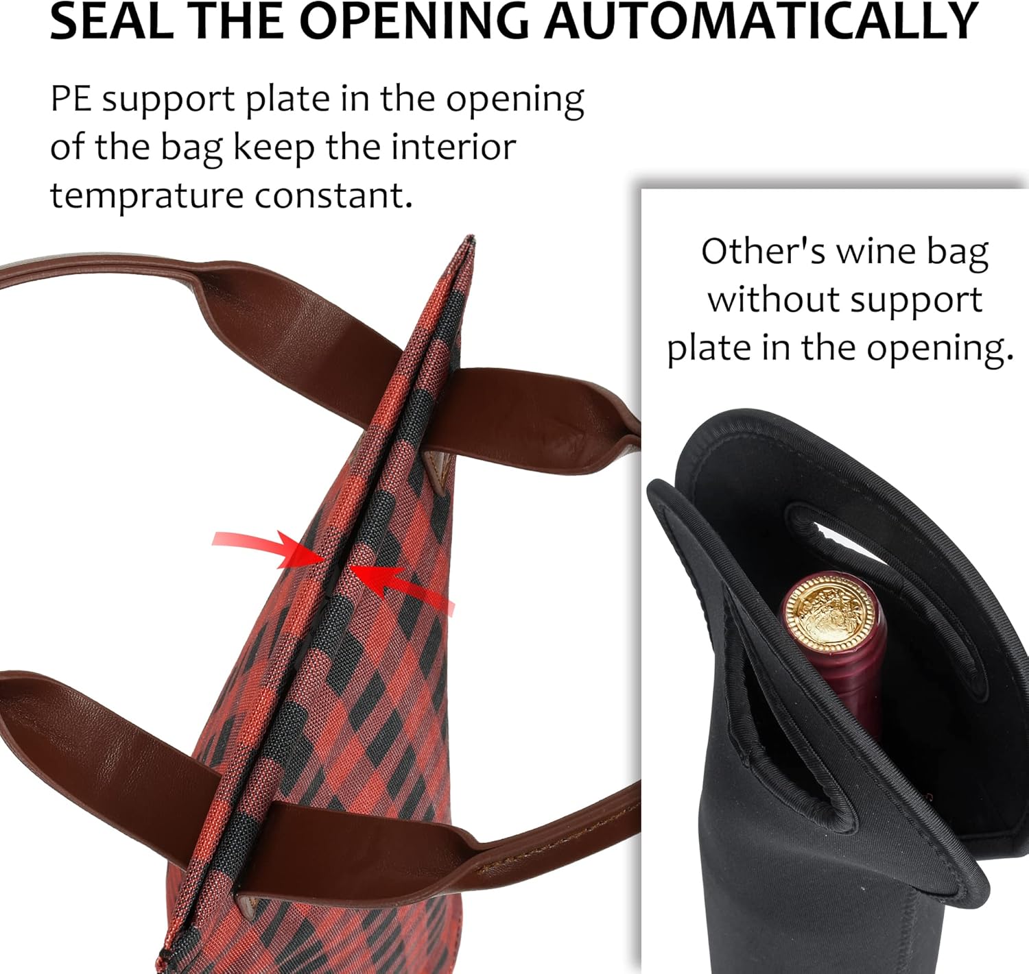 Tirrinia Single Wine Carrier Tote, Insulated Cooler Bag for Travel & Picnic - Padded Bottle Holder, Gift for Wine Lovers, Red Grid