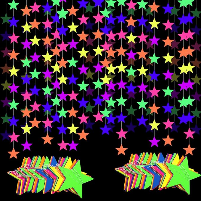108feet UV Neon Paper Star Garland Glow in The Dark Streamers for neon Party Supplies UV Fluorescent Reactive Paper Star Banner for Wedding Birthday Glow in The Dark Party Favors Neon Party Decor…-BubblyBeeBaby