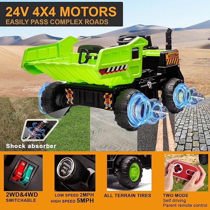 24V Ride On Dump Truck, 24inch-2 Seater Ride On Car for Kids w/Remote Control 4WD/2WD Up to 5 Mph, 24v Ride on Toys for Big Kids w/Electric Dump Bed Extra Shovel Traffic Cones (Green)-BubblyBeeBaby