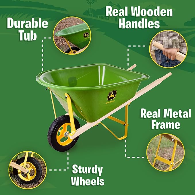 John Deere Deluxe 34" Wheelbarrow and Garden Set Includes 5 Realistic Gardening Tools,Gardening Apron, Gardening Gloves, Large Metal Wheelbarrow with Wooden Handles, Outdoor Toy Ages 5+-BubblyBeeBaby