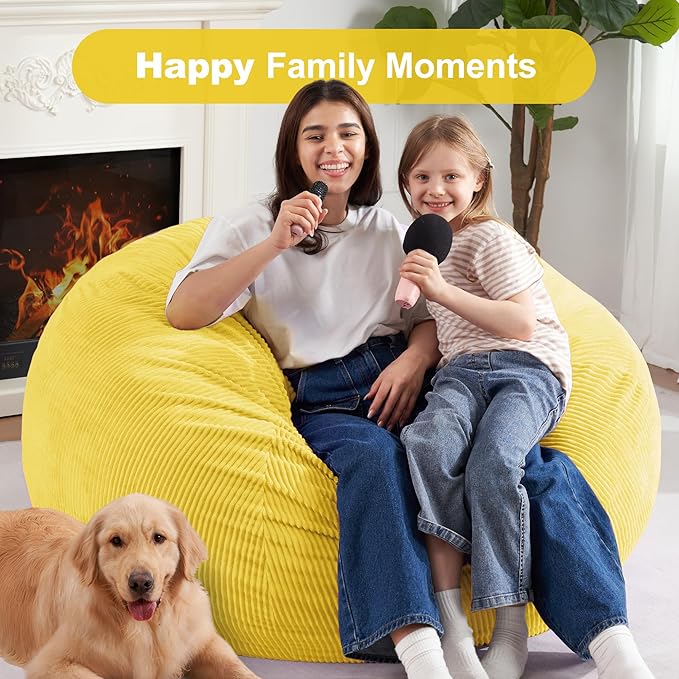 Homguava 3.5FT Bean Bag Chair: Teardrop Bean Bags with Memory Foam Filled, Compact Beanbag Chairs Soft Sofa with Corduroy Cover (Yellow)-BubblyBeeBaby