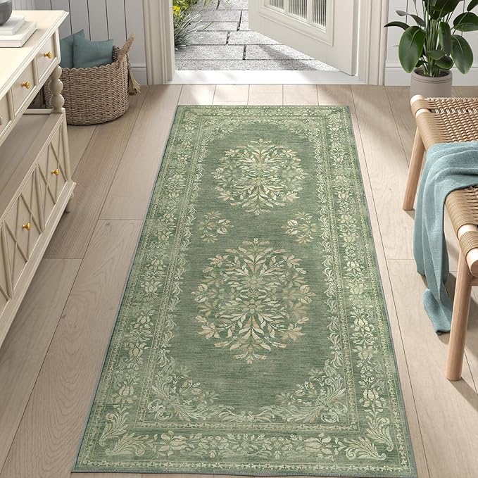 jinchan Vintage Floral Runner Rug 2x5 - Machine Washable Distressed Design Non-Slip Low-Pile Soft Thin Carpet for Hallway Kitchen Farmhouse Bedroom Entryway Laundry Room (2x5ft,Dark Green)-BubblyBeeBaby