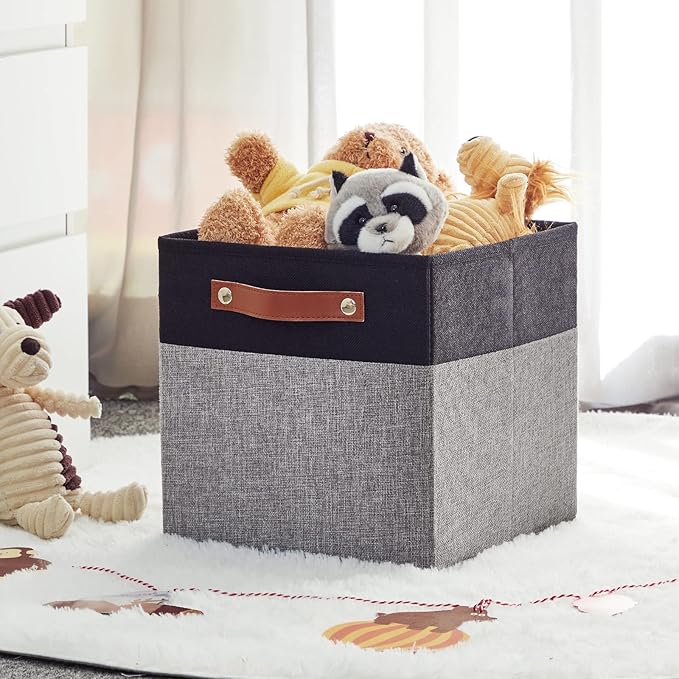 HNZIGE Fabric Cube Storage Baskets 11x11, Set of 4, Foldable Baskets with Handlesfor Organizer Closet(Black Gray)-BubblyBeeBaby