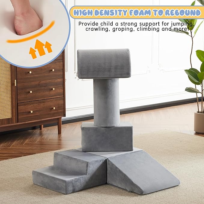 jela Foam Blocks 6Pcs Soft Play Equipment Soft Velvet, Toddler Climbing Toys Indoor Soft Play Climbing for Toddlers, Lightweight Climbing Blocks for Babies, Kids, Climb and Crawl Foam Playset-BubblyBeeBaby