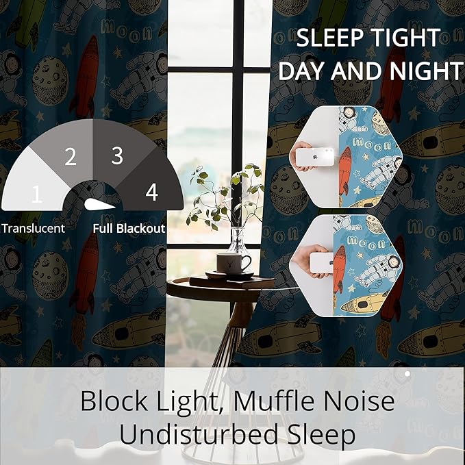 Kids Astronaut and Rocket Blackout Curtains - 100% Blackout, Thermal Insulated, Noise Reducing, Bring The Cosmos Closer to Your Kid’s Room, 2 Panels (Moonbound Adventure, W52×L63)-BubblyBeeBaby