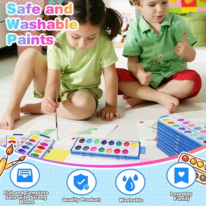 15 Pack Watercolor Paint Set for Kids, 16 Colors Washable Water Colors with Paint Brushes, Washable for Classroom Party Favor Art Activities-BubblyBeeBaby