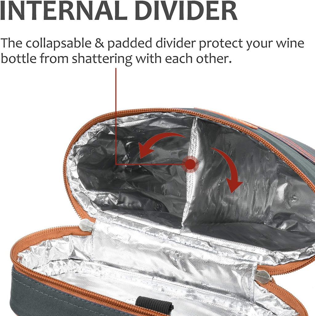 Tirrinia 2 Bottle Wine Gift Tote Carrier - Insulated & Padded Versatile Cooler Bag for Travel, BYOB Restaurant, Wine Tasting, Party, Great Gift for Wine Lover, Gray
