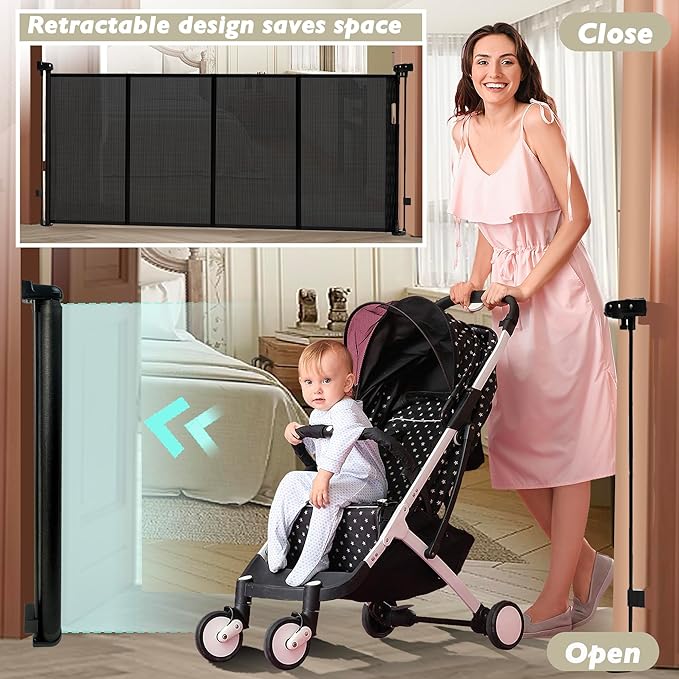 150" Extra Wide Retractable Baby Gates Dog Gate for Large Opening, 41" Extra Tall Mesh Pet Gate, Long Child Safety Gates with Fiberglass Rods for Stairways, Doorways, Hallways - Indoor/Outdoor Use-BubblyBeeBaby