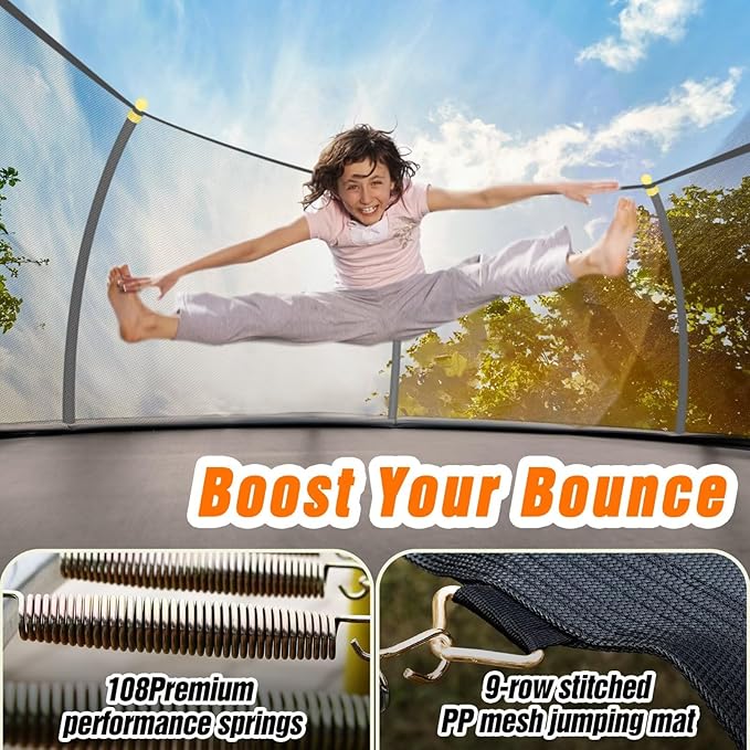 10FT 12FT 14FT 16FT Pumpkin Trampoline for Kids Adults, ASTM Approved Outdoor Recreational Trampoline with Basketball Hoop, Enclosure Net, Yellow-BubblyBeeBaby