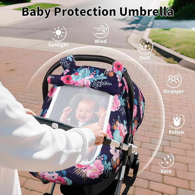 Elstey Car Seat Cover Baby, Minky Dot Carseat Covers Baby Girls, Lightweight Infant Car Seat Cover Canopy with 2 Layers Breathable Mesh Windows, Stroller Carrier for Babies Newborn Essentials-BubblyBeeBaby