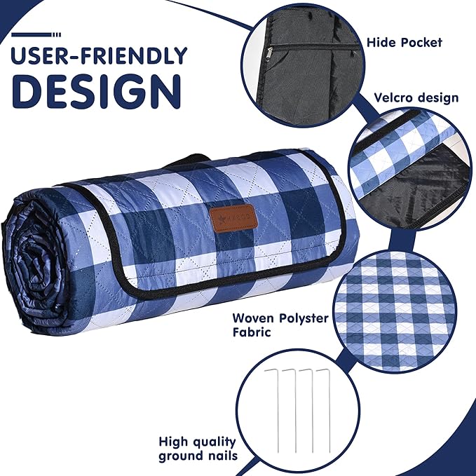 HX&OD Outdoor Picnic Blanket, Extra Large, 80''x80'' Waterproof Foldable Blankets Gingham Picnic Mat for Beach, Camping Grass Lawn Park Accessories Cute Couple Ideas Wedding (Blue, 80”x80”)-BubblyBeeBaby