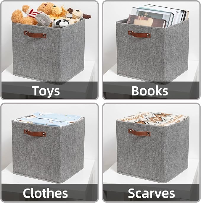 HNZIGE Fabric Storage Cubes Bins Baskets for Shelves Set of 4 Baskets, 13 Inch Storage Bins with Handles, Foldable Storage Cube Organizer Bins Organizing Home Nursery (Gray)-BubblyBeeBaby