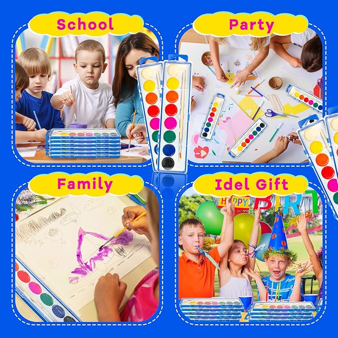 24 Pack Watercolor Paint Set for Kids - 8 Washable,Bright Colors with Paintbrush Watercolor Paint Bulk for Kids Party Favors,Classrooms Supplies,Art Lessons-BubblyBeeBaby