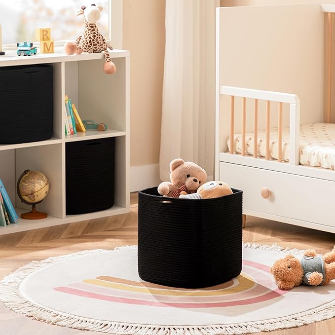 joybest Cube Storage Bins Set of 4, 13inch Cube Baskets Organizer for Nursery, Square Cotton Rope Baskets for Shelves Organizing, Kids Toy, Closet Storage, Black-BubblyBeeBaby