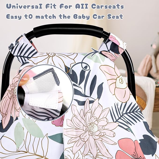 Car Seat Cover Baby, Infant Car Seat Canopy Covers for Newborn Girls Boys, Soft Breathable Minky Carseat Covers Stretchy Multi-Use Nursing Cover for Stroller Baby Car Seat, Daisy Flroal-BubblyBeeBaby