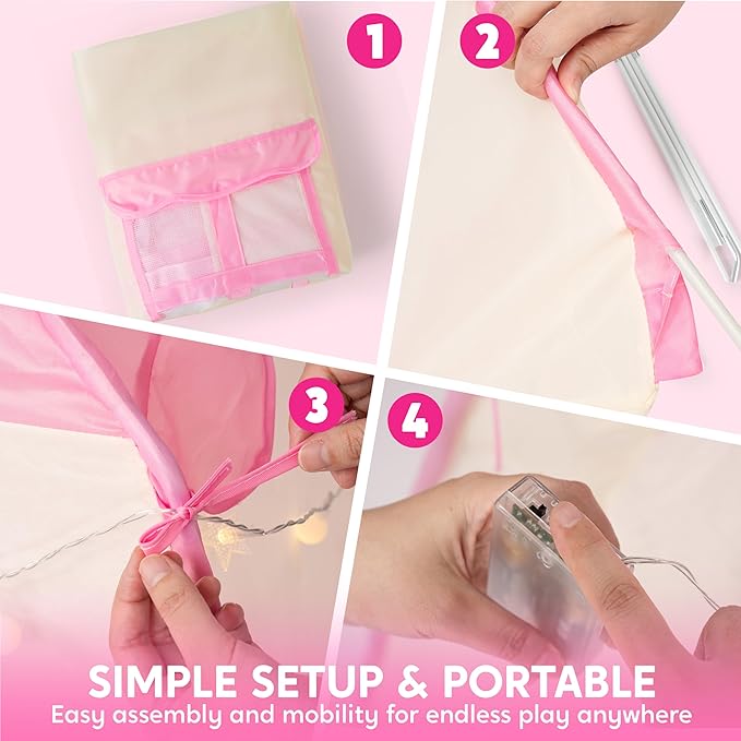 JOYIN Pink Princess Tent for Girls with LED Star Lights-Indoor & Outdoor Large Playhouse Kids Castle Play Tent for Children Indoor and Outdoor Games-BubblyBeeBaby