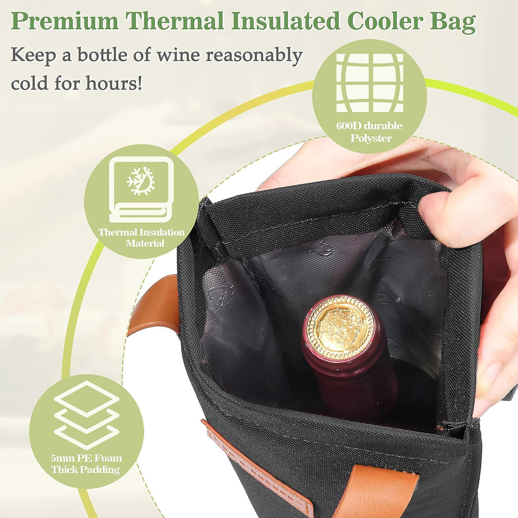 Tirrinia Single Wine Carrier Tote, Insulated Wine Cooler Bag for Travel, Picnic, & Wine Gifts – Thermal Padded Wine Bottle Holder Tote for Men & Women, Wine Gift for Wine Lovers,Black