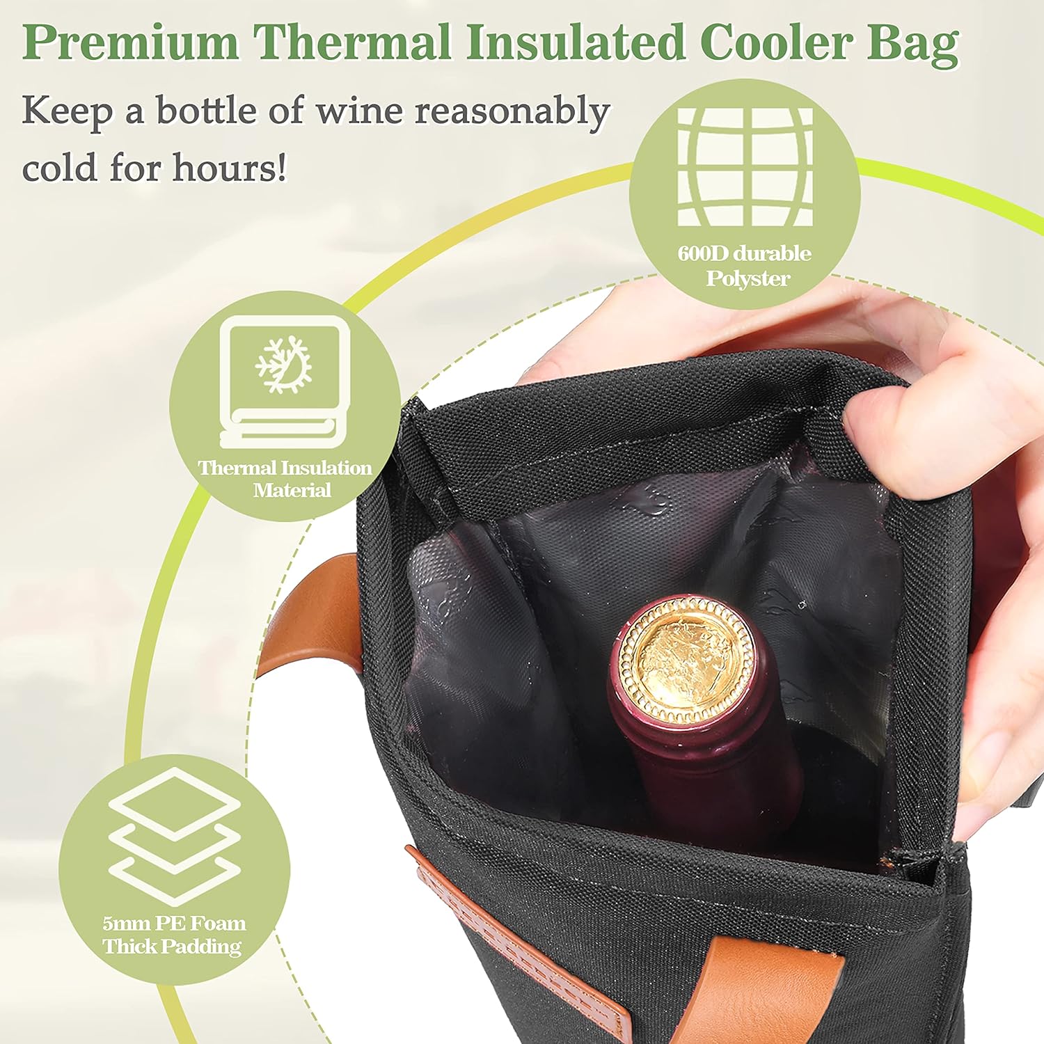 Tirrinia Single Wine Carrier Tote, Insulated Wine Cooler Bag for Travel, Picnic, & Wine Gifts – Thermal Padded Wine Bottle Holder Tote for Men & Women, Wine Gift for Wine Lovers,Black