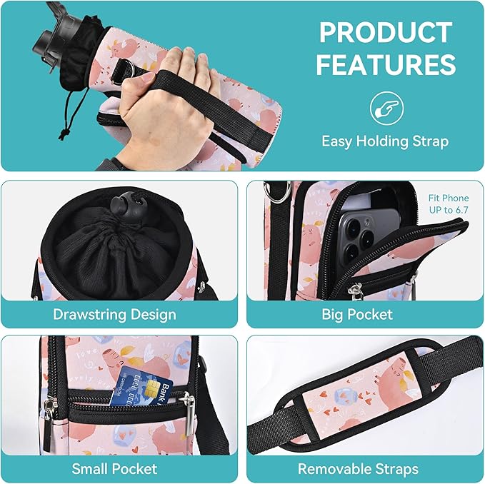 25/32/40/64oz Water Bottle Bag Holder Carrier-Insulated Crossbody Sling Case Sleeve with Strap & Pockets for Men Women Gym Cycling Travel Walking Hiking Camping-BubblyBeeBaby