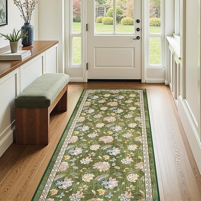 jinchan 3x10 Floral Runner Rug for Hallway Washable Kitchen Runner Vintage Romance Design Non Slip Thin Indoor Floor Cover Low-Profile Throw Carpet for Entryway Bathroom Bedroom Porch, Green-BubblyBeeBaby