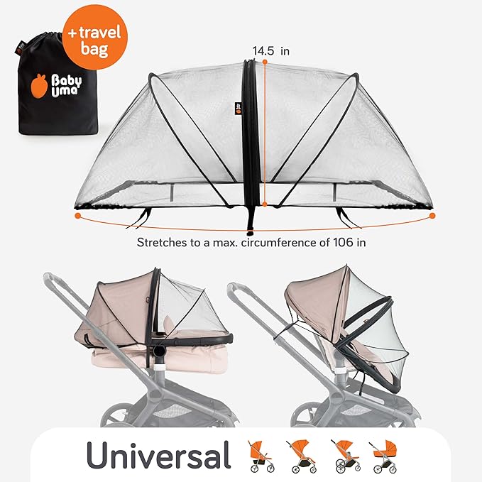 Baby Uma Baby Mosquito Net for Stroller - Universal Stroller Mosquito Net Cover, Breathable & Tear-Resistant 3D Mesh Insect Netting with Zip-up Window (+ Travel Bag)-BubblyBeeBaby