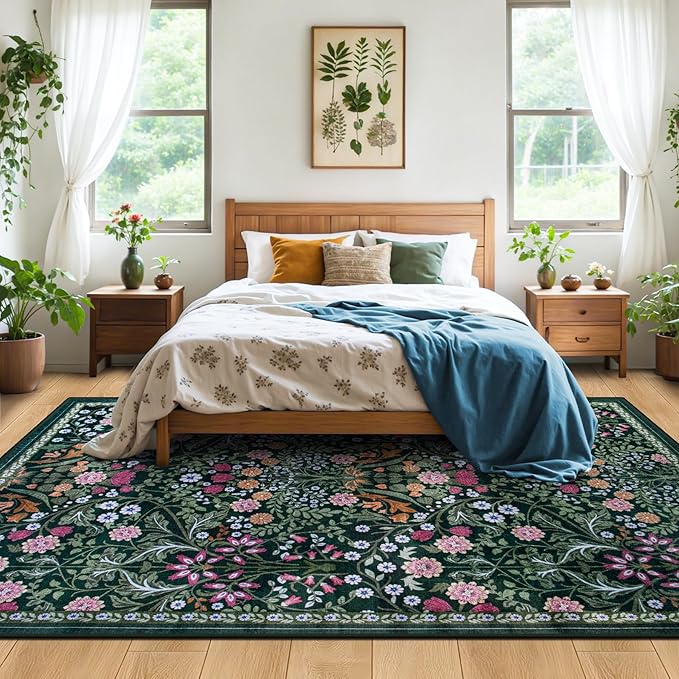 10x14 Area Rugs for Living Room: Floral Washable Rug Vintage Large Soft Boho Non-Slip Carpet Stain Resistant Low Pile Carpets for Bedroom Dining Room Farmhouse Nursery Hallway Home Office Dark Green-BubblyBeeBaby