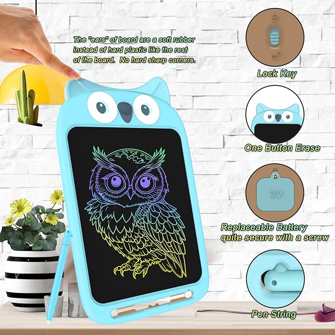 10 Inch LCD Writing Tablet, Erasable Doodle Board Toy, Cute Owl Drawing Pad for Kids Ages 2-6 - Educational Christmas Birthday Gift (Owl)-BubblyBeeBaby