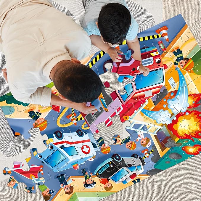 Jumbo Floor Puzzle for Kids,Fire Rescue Jigsaw Large Puzzles,48 Piece Firefighter Fireman Fire Truck Puzzle for Toddler Ages 3-5,Children Learning Preschool Educational Toys,Gift for 4-8 Years Old-BubblyBeeBaby