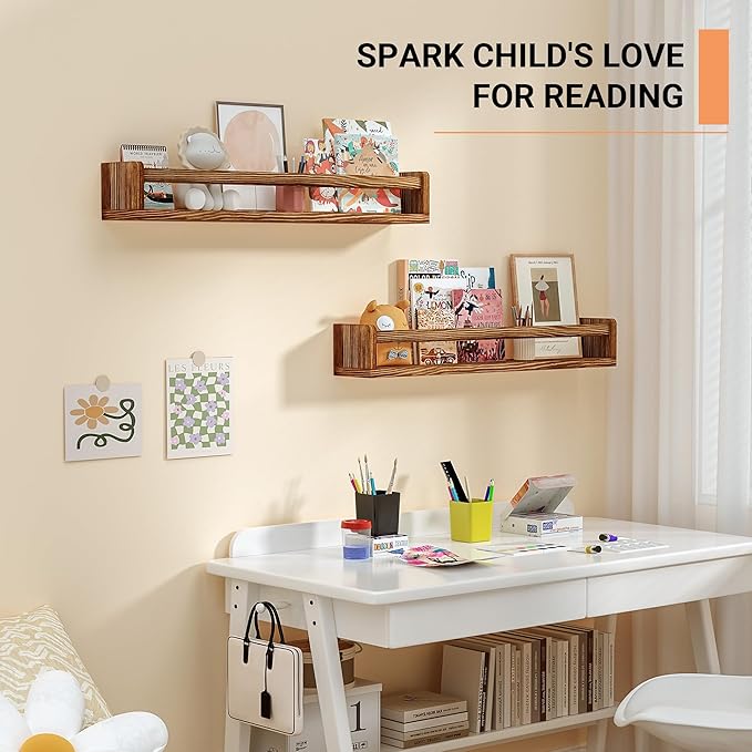 Heimlove 24 Inch Nursery Floating Shelves, Nursery Book Shelves for Wall, Wall Bookshelf for Kids Solid Wood Wall Mounted Shelves for Books,Toys and Decor Storage, Set of 2-BubblyBeeBaby