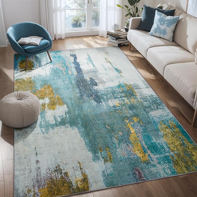 Kelarea 5x7 Blue Rugs for Living Room, Washable Non-Slip Large Rug Abstract Stain Resistant Carpet, Low Pile Soft Indoor Rug for Bedroom, Dining Room, Nursery, Kitchen, Home Office-BubblyBeeBaby