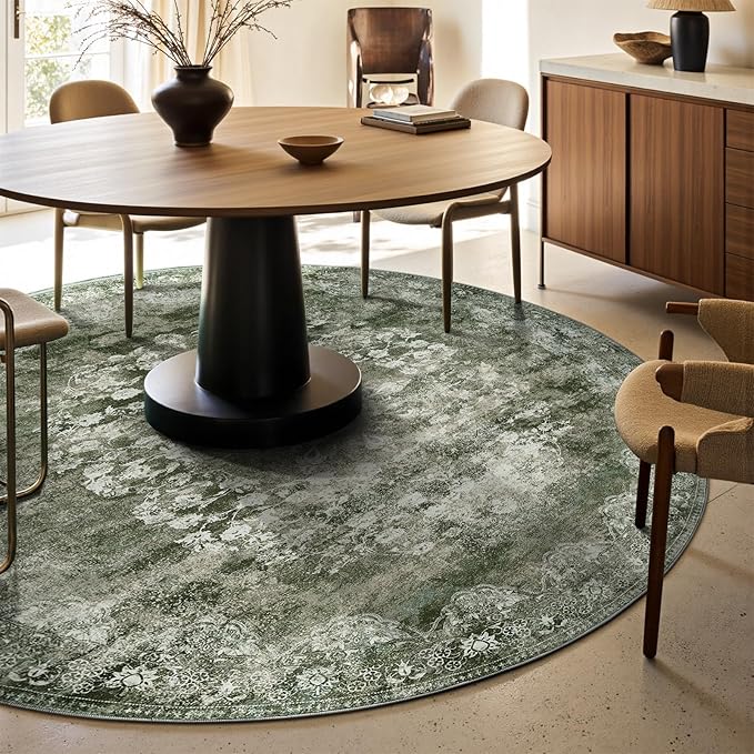 jinchan Round Rug 6ft Area Rug - Green Vintage Floor Mat Kitchen Indoor - Washable Circle 6' Thin Floral Print Carpet Retro Farmhouse Non Slip Dining Room Living Room Bedroom Office-BubblyBeeBaby