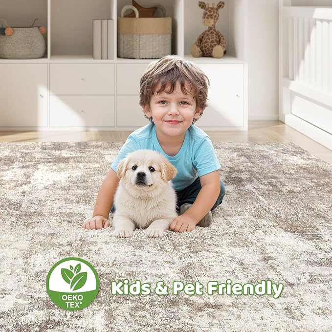 10x14 Area Rugs Living Room: Washable Large Abstract Soft Rug Stain Resistant Indoor Floor Non-Slip Accent Carpet for Women Modern Home Enthusiasts Aged 25-45 - Bedroom Nursery Playroom- Beige Brown-BubblyBeeBaby