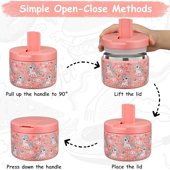 12oz Insulated Vacuum Food Jar with Buckle Lid Wide Mouth Soup Thermo for Hot Food Kids Leakproof Stainless Steel Lunch Container (Pink-Horse)-BubblyBeeBaby