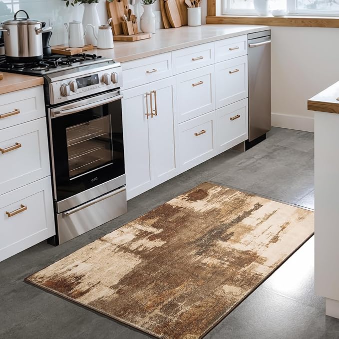 Kelarea 2x3 Brown Entryway Rug, Washable Abstract Small Rugs Non-Slip Low Pile Throw Rugs for Kitchen Floor, Front Door, Bedroom Bedside-BubblyBeeBaby