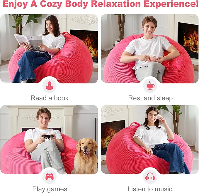 Homguava 3.5FT Bean Bag Chair: Teardrop Bean Bags with Memory Foam Filled, Compact Beanbag Chairs Soft Sofa with Corduroy Cover (Pink)-BubblyBeeBaby