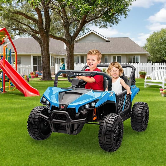24V 2 Seater Ride On Car Truck, Power Wheels Kids UTV w/Parent Remote Control, 3.1 MPH Max Speed, Music Player, LED Lights & Storage, Electric Vehicle Ride On Toy for Kids Toddler Ages 3-8, Blue-BubblyBeeBaby