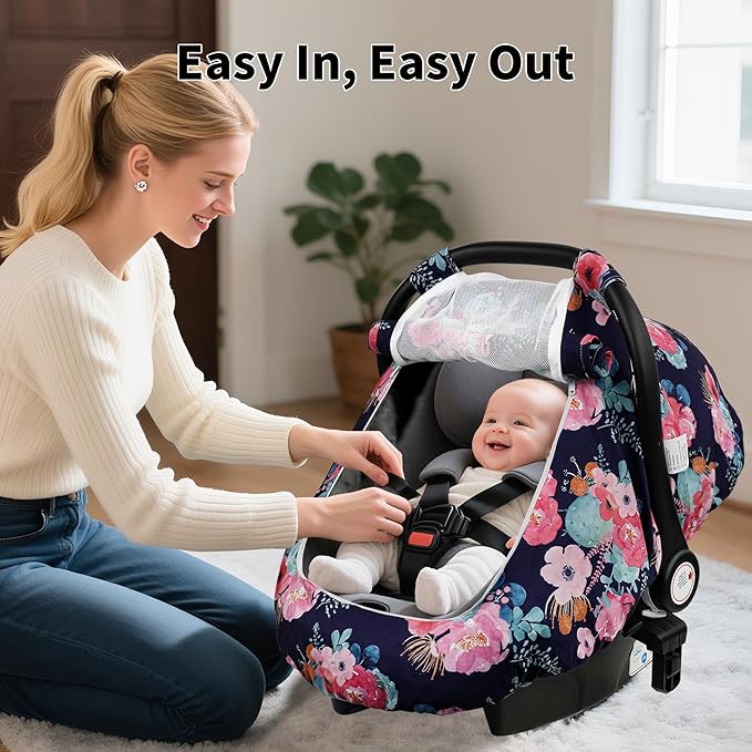 Elstey Car Seat Cover Baby, Minky Dot Carseat Covers Baby Girls, Lightweight Infant Car Seat Cover Canopy with 2 Layers Breathable Mesh Windows, Stroller Carrier for Babies Newborn Essentials-BubblyBeeBaby