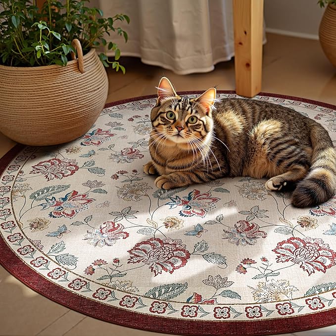 jinchan 6ft Floral Round Rug for Dining Room Washable Living Room Rug Vintage Romance Design Non Slip Indoor Floor Cover Lightweight Low-Profile Throw Carpet for Bedroom Porch Patio, Red/Beige-BubblyBeeBaby